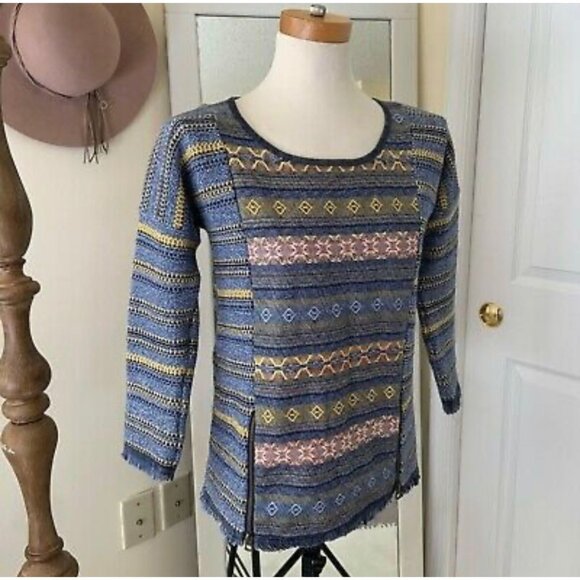 LUCKY BRAND Womens Chunky Tweed Boho Sweater Crochet Bottom Fray Blue Size L - Picture 2 of 12